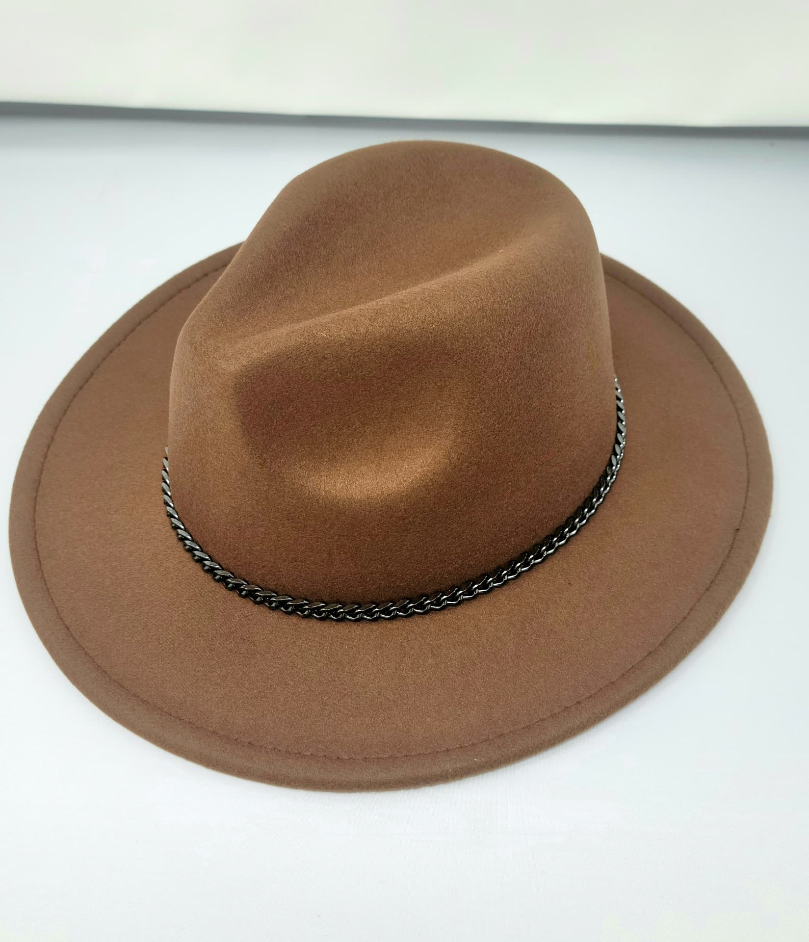 The Grand Fedora, Camel — camel wool felt, gunmetal curb chain band