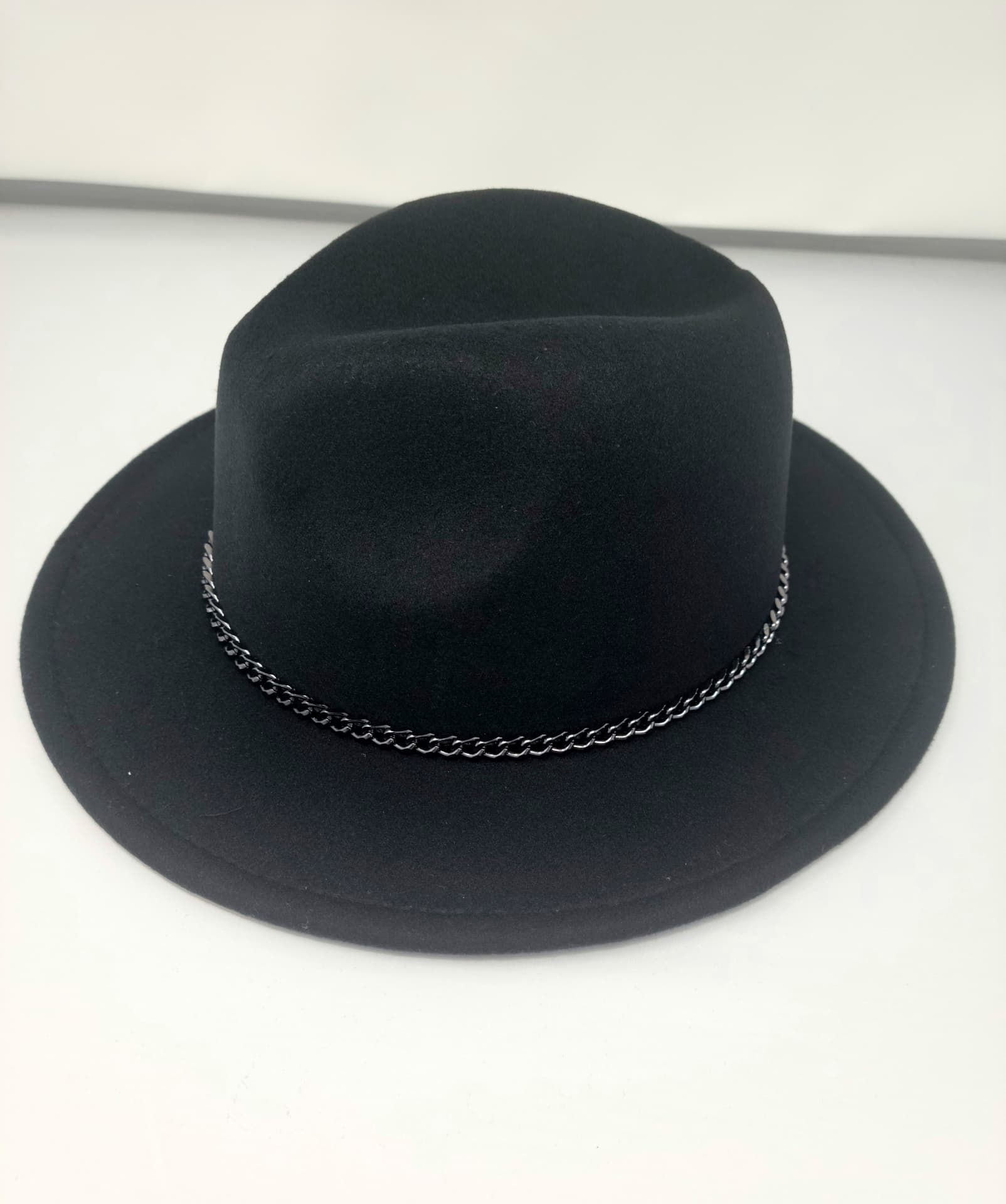 The Grand Fedora, Noir — wool felt with gunmetal chain band, Diana & Patra